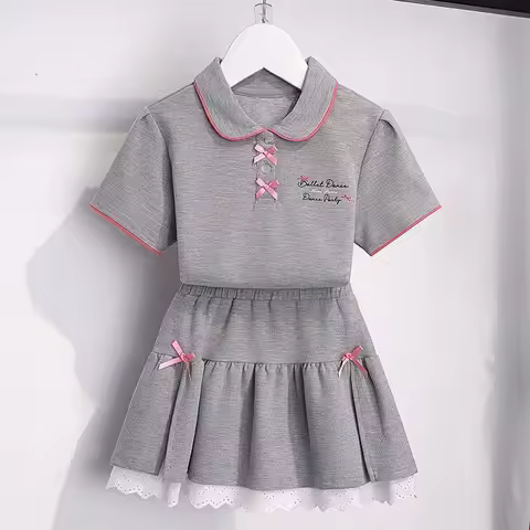 2026 SUMMER child set Girls Clothes sport tracksuit teenager bow striped T-shirt top + Pleated skirt