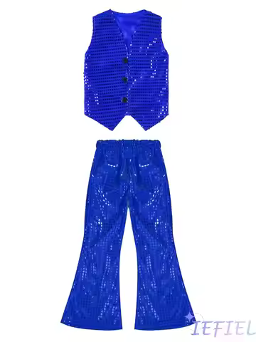 2pcs Kids Unisex School Jazz Stage Performance Street Dance Outfit Glittery Sequined Vest V Neck Wai