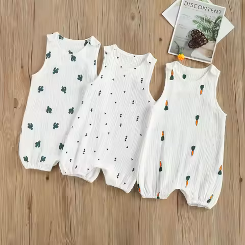 Summer Baby Boys Girls Sleeveless Romper Linen Fabric Cactus Print Playsuits Cotton Muslin Jumpsuits