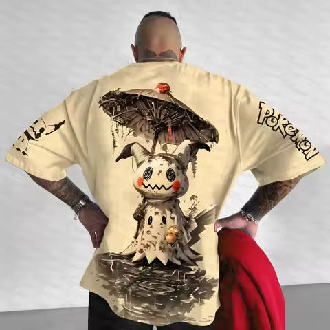 2026 Summer Pokemon Cotton T Shirt Mimikyu Back Print Holding Paper Umbrella Sleeve Pokemon Logo Loo
