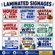 A4 Laminated Signage | GCash • Maya • House for Rent • Apartment • Videoke • Store Signs