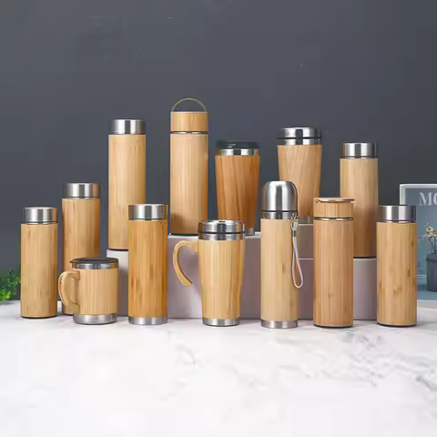 New Blank Bamboo Steel Vacuum Bottle Double Wall Insulated Vacuum Flask Cup