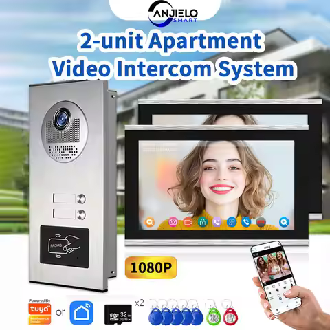 ANJIELO TUYA Smart 2-Unit Apartments Intercom Video Doorbell with RFID Card Unlock 4 Wired Video Doo