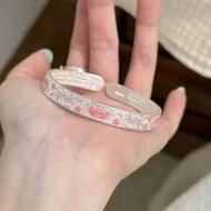 Pure Silver999.9Enamel Peony Heart Sutra Bracelet for Women, New Chinese Style Open Pure Silver Bang