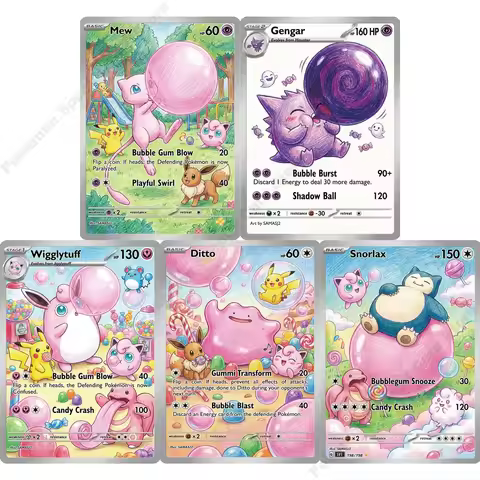 5Pcs Pokemon Cards Gengar Mew Ditto Snorlax Wigglytuff Blow Bubble Gum Series PTCG Collection Cards 