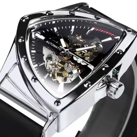 WINNER Fashion Sports Triangle Skeleton Mechanical Watches for Men Luminous Hands Rubber Strap Luxur