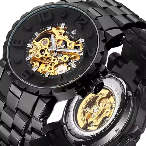 ORKINA Men's Watches Luxury Top Brand Black Stainless Steel 3ATM Waterproof Automatic Self-Wind Skel