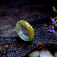 Green Jade Ring With Honey Yellow Glass Texture Size: 58mm.