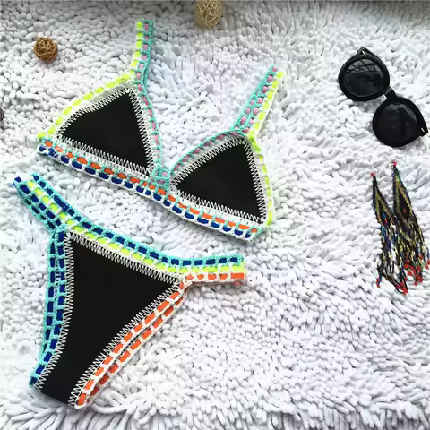 Micro Bikini 2026 Women Handmade Crochet Knit Swimwear Beach Push Up Bra Patchwork Bathing Suit Swim