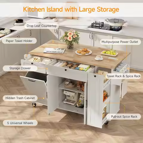 Kitchen Island with Storage, Island Table for Kitchen with Drop Leaf and Power Outlet, Rolling Kitch
