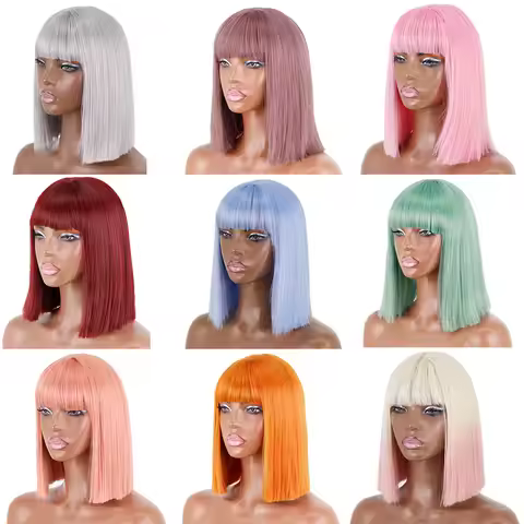 Short Bob Wig With Bangs Synthetic Wigs For Women Red Black Pink Blue Orange Heat Resistant Lolita C