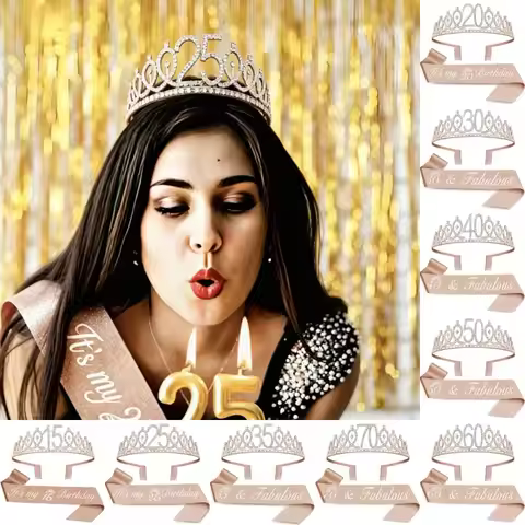 Birthday Tiara Crown Sash Women Girls 15th 20th 25th 30th 35th 40th 45th 50th 55th 60th 65th 70th Pa