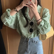 Grassy shirt(Z004)พร้อมส่ง เสื้อเชิ้ตหญิงคอปกลายทาง ( เสื้อทำงานหญิง เสื้อทำงาน ชุดทำงาน )