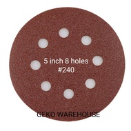 Ready Stock kertas pasir 5"inch (125MM) 8 lubang holes 240 Grit Red White putih Abrasive Sand Paper Round Grip Disc Pad