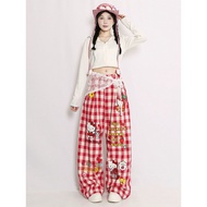 HelloKitty wide-leg red plaid pants - Cute cat print design pants for women