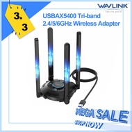 WAVLINK USB WiFi Adapter for PC AX5400 Tri-band 2.4/5/6GHz Wireless Network Adapter with 4 High Gain