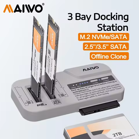 MAIWO 3 Bay Docking Station M.2 NVMe SATA SSD Case & 2.5 3.5 Inch SATA HDD Enclosure Support 30TB/8T