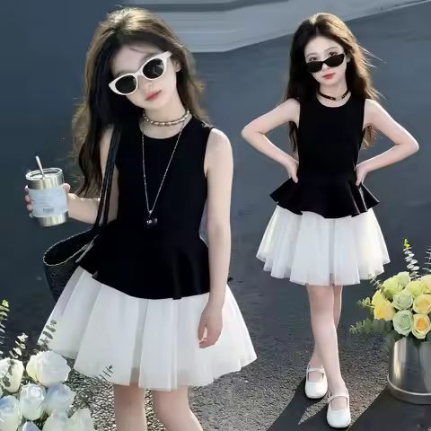 2026 French summer kid baby party princess Girls mesh LACE Teenager vest Patchwork slip dress tutu S