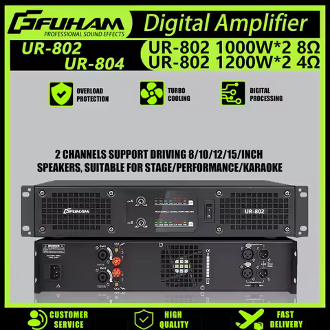 FUHAM UR802 Digital Power Amplifier 1000W 2-Channel 8-Ohm Audio, for Disco, Subwoofer Speakers, Stag