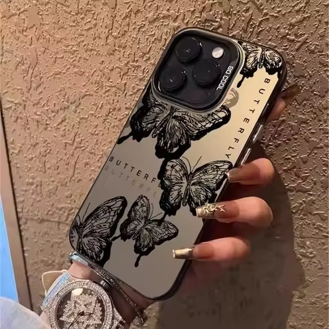 Retro Black Butterfly Phone Case For Iphone 16 16E 15 14 Plus 13 12 11 Pro Max Electroplated Cover C