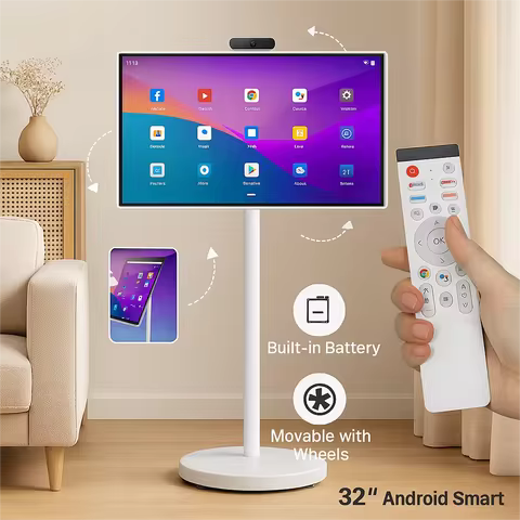 32” Android 15 Floor Stand TV, 6G+128G Smart Screen with Remote Controller, 2K Camera Video Call, In