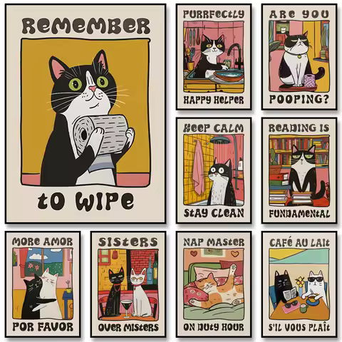 Retro Kitchen Canvas Poster Cat Chef Art Print Dishes Wall Art Pictures for Bedroom Kitchen Home Dec