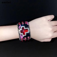 SMILE Gothic Jewelry, Grunge Skull Red Crystal Cross Leather Bracelet,  Korean Punk Charms Buckle Br