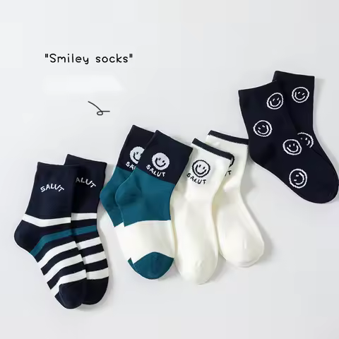 Trendy Boys' 4 Pairs Mid-Calf Sports Socks Set Comfortable Soft Stretchy Smiley Face Pattern