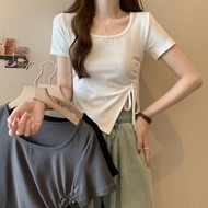 40 Count Pure Cotton 210g 92 Cotton/8 Spandex Square Neck Short-Sleeved T-Shirt Women Drawstring Sli