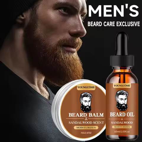 Organic Beard Growth Oil & Sandalwood Balm 1/2/4 Set-24H Nourishing, No Flakes, Men's Grooming Kit w