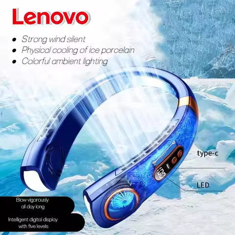 Lenovo Hanging Neck Fan Portable Bladeless Neck Fan Air Cooler Digital Display Rechargeable Air Cond