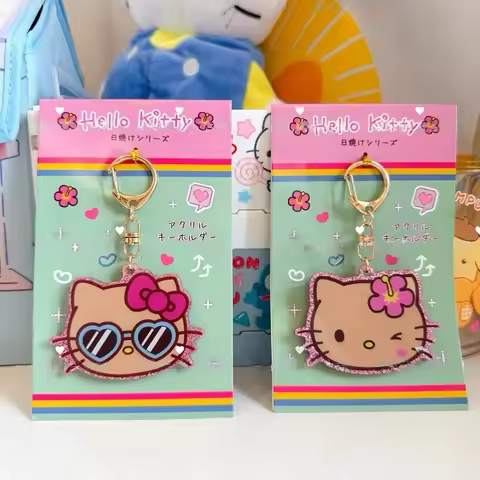 Sanrio Sun Tanned Hello Kitty Sparkly Keychain Hawaiian Hibiscus Glitter Bag Charm Summer Beach Y2K
