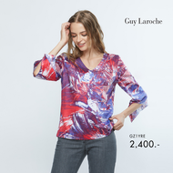 เสื้อผู้หญิง Guy Laroche soft cotton print blouse เสื้อเบลาส์ ผ้าคอตตอน พิมพ์ลาย คอวี แขนยาว (GZ1YRE)