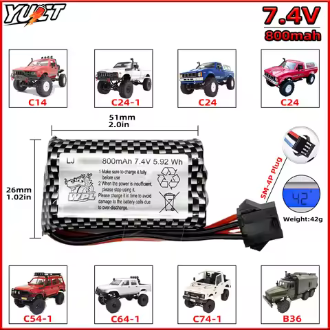 WPL C24 Battery Upgrade 7.4V 800mah 2S LiPo Battery For WPL D12 C24-1 B36 C34 C54 C64 C74 RC Car Ori