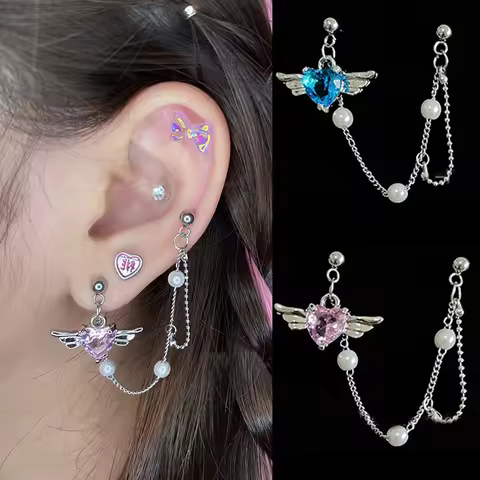 2 In 1 Angel Heart Wing Earrings Pendant Tassel One-piece Earring Helix Double Piercing Earring Chai