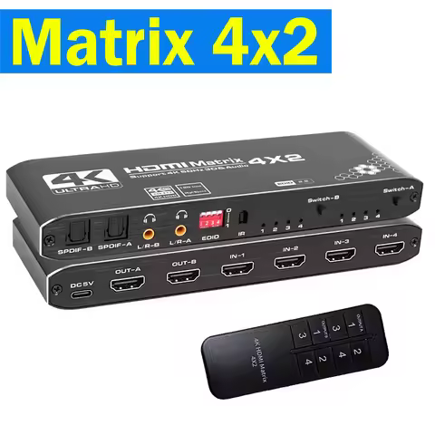4K@60Hz HDMI Matrix Switch 4X2 Matrix HDMI Video Switcher with Splitter + Optical + 3.5mm Stereo Aud