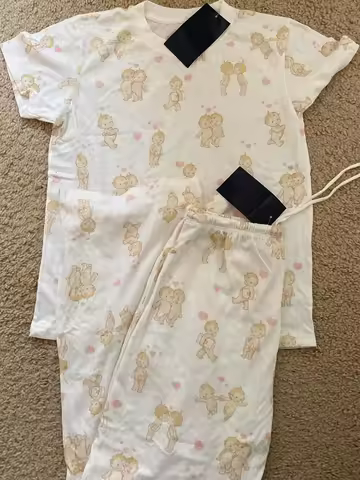 Angel Baby Print T-shirt Pant Pajama Set Woman Short Sleeve Tee+Drawstring Straight Trousers Sweet C