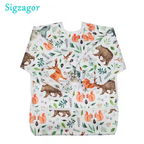 [Sigzagor]1 Baby Bib Feeding Waterproof Long Sleeve Shirt Toddler Painting Drawing With Pocket 1-3 y