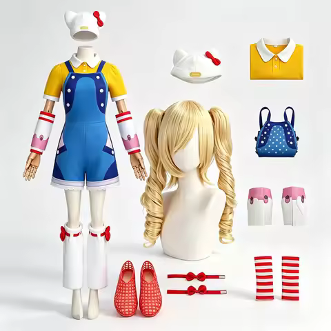 Juno Kawaii Blue Overalls Yellow Top Shirt Cute Sweet Furry Cat Hat Bow Wigs Y2K Jirai Kei Halloween