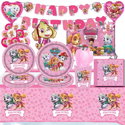 Pink Skye Dogs Birthday Party Decorations Paw-Patrol Latex Balloons Tableware Plate Backdrop For Kid