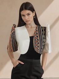 Amyenjoylife hiện đại filipiniana Tops phụ nữ của mùa hè chắp vá thêu tay áo bong bóng Áo khoác ngắn