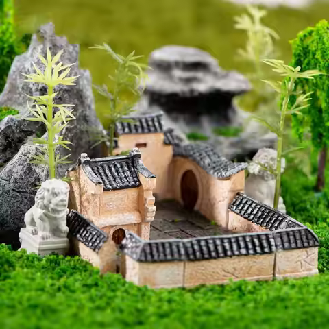 Decorative Mini Resin House Chinese Style Resin Bonsai Landscaping Retor Mini House Retro Building H