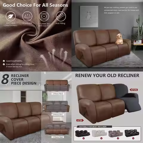 Brown 3-Seat Recliner Sofa Cover Set - 8-Piece Stretch Washable Couch Slipcover for Leather-Like Rec