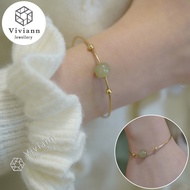 Viviann สร้อยข้อมือ Hetian หยกธรรมชาติแบบเรียบง่ายสร้อยข้อมือสีทอง18K โชคกี้แบบฝรั่งเศสสร้อยข้อมือทร