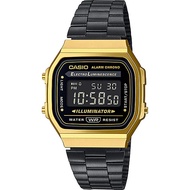 Casio Digital นาฬิกาข้อมือผู้หญิง สีดำทอง สายสแตนเลส รุ่น A168WEGB-1B ของแท้ ประกัน CMG