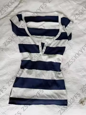 Vintage Fashion Blue Stripe Hot Girl Tshirts Y2k 2000s Female Clothing Summer Short sleeved Button V