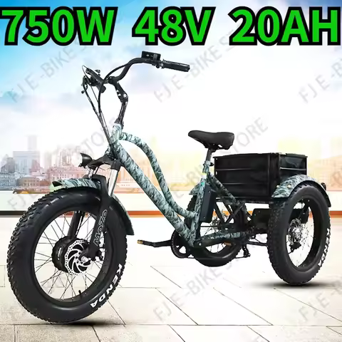 3-wheel Electric Bicycle 750W 48V 20AH Lithium Battery 20-inch Fat Tire Cargo Off-road E-bike Camouf