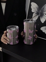 1pc 360ml/12.17oz 600ml/20.29oz Pink Butterfly Vacuum Insulated Tumbler, Keeps Hot/Cold Stainless St