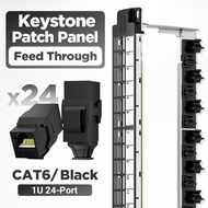 AMPCOM 1U 24-Port Keystone Patch Panel แบบยึดแร็คพร้อมแถบจัดระเบียบสายเคเบิลด้านหลัง โหลดเต็ม 24 ชิ้
