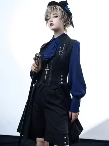 Pre-order Ouji Lolita Black and Blue Vintage Lolita, Middle Ages Little Prince Long Vest by Princess